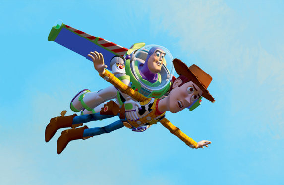 Image of Buzz and Woody Toy Story characters flying